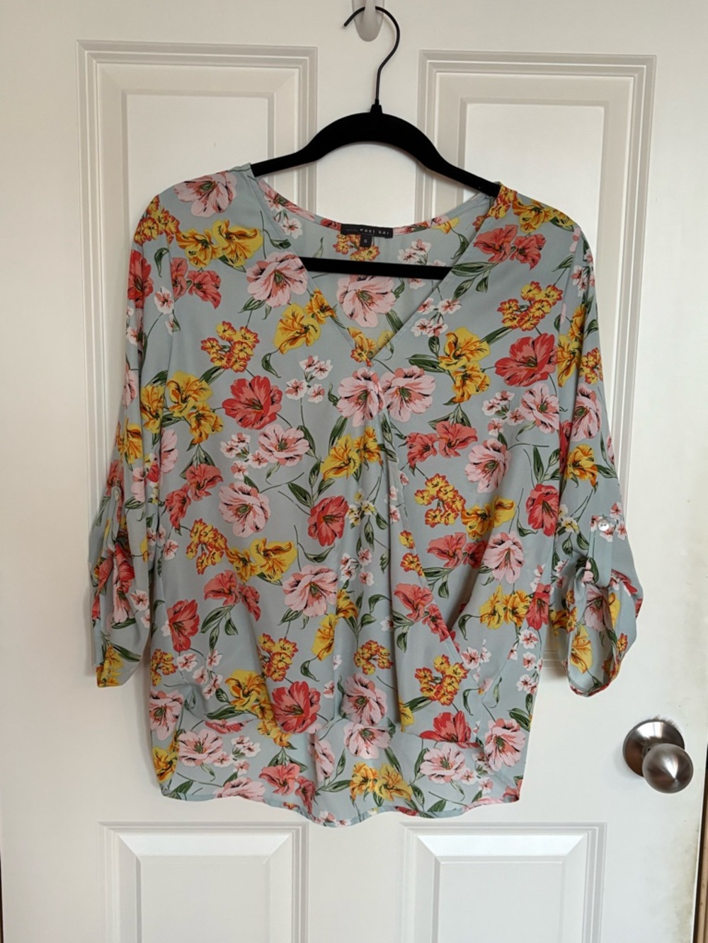 West Kei Floral V-Neck Dolman Blouse - Light Blue with Pink & Yellow